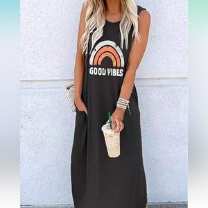 Black Sleeveless Maxi Dress with Graphic Print
